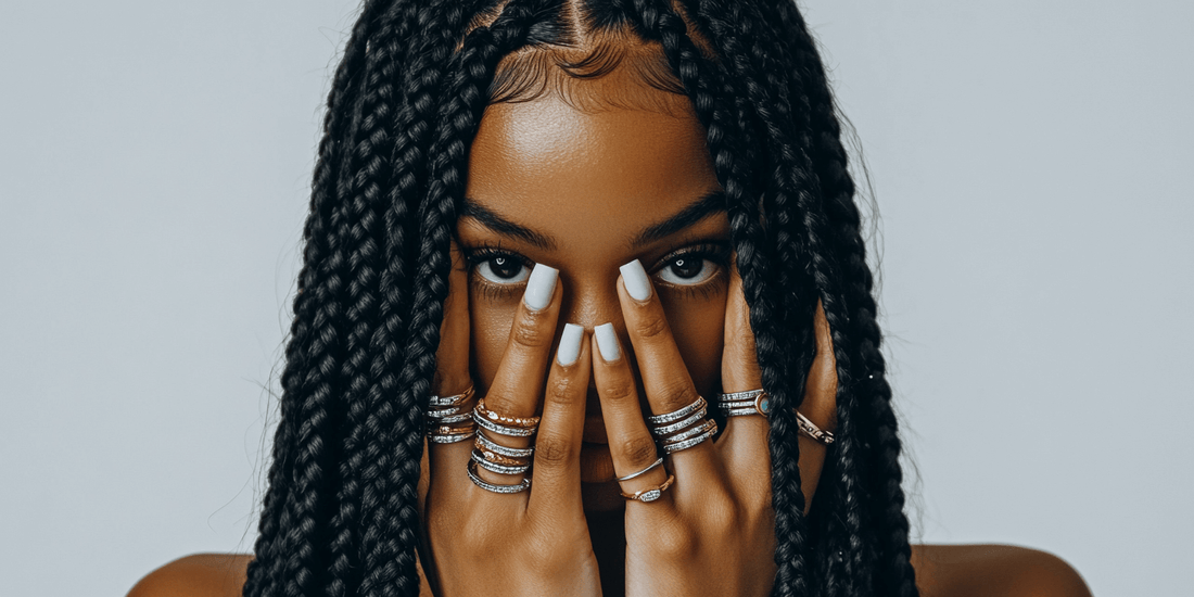 A beautiful black woman with long box braids covering her face