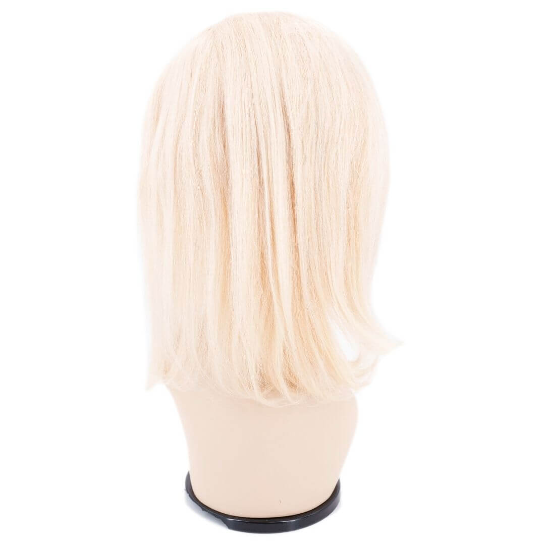 Blonde Straight Bob Wig on a mannequin head Back of the Wig