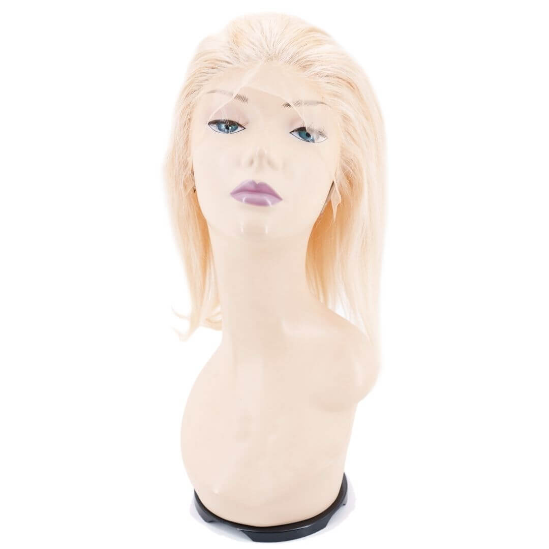Front View of a Blonde Straight Bob Wig on a mannequin head