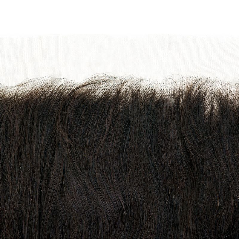 A close-up showcases the Brazilian Body Wave HD 13"x6" Frontal by hairdiamondz, highlighting its dark brown Virgin Brazilian Human Hair. The piece features a natural hairline and straight strands evenly arranged across the HD lace base, all set against a white background.