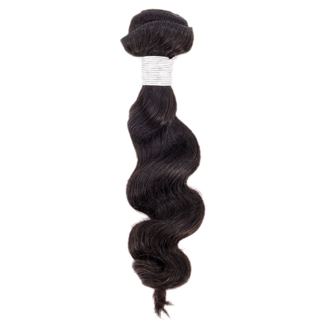 A bundle of Brazilian Loose Wave hair extensions from hairdiamondz, characterized by their dark brown, wavy appearance and neatly wrapped with a silver tie at the top. This virgin hair shines with a glossy sheen, offering a smooth and well-conditioned look.