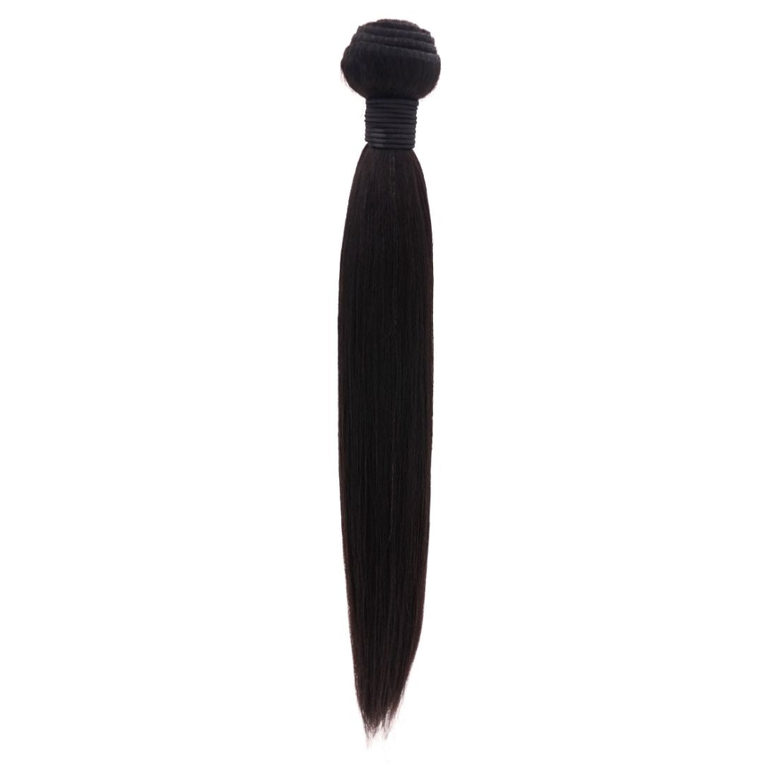 The Brazilian Silky Straight Hair Extensions by hairdiamondz, renowned for their silky straight texture, are neatly tied at the top with a black band and set against a white background.