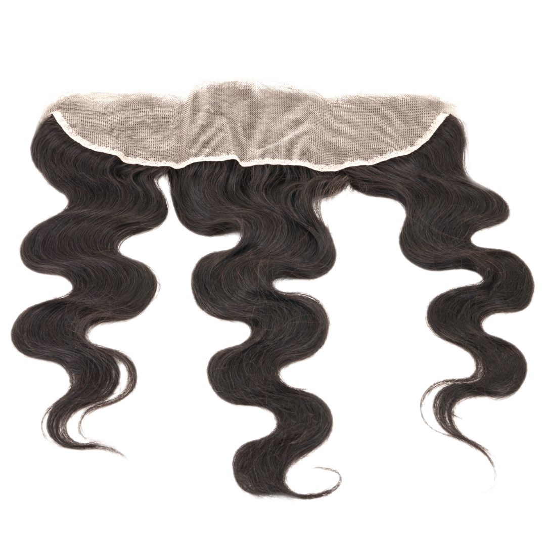 Introducing the "Brazilian Body Wave Frontal" by hairdiamondz: a curly dark brown hair extension made from Virgin Brazilian Human Hair, designed with a lace frontal base and featuring three prominent waves.