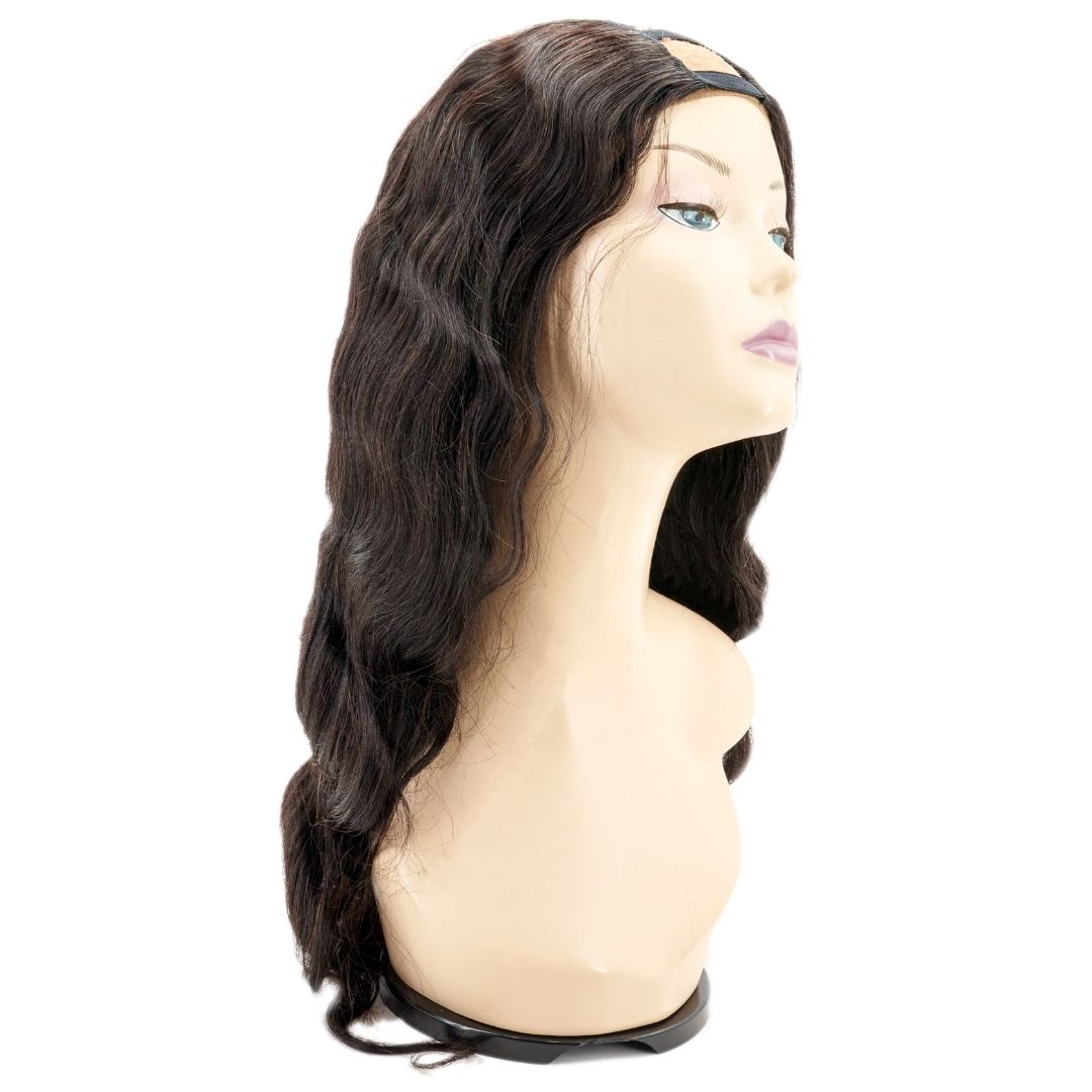 Displayed on a white background is the hairdiamondz Brazilian Body Wave U-Part Wig. This mannequin head showcases long, wavy dark brown virgin hair that has a natural sheen and cascades past the shoulders, styled elegantly to one side.