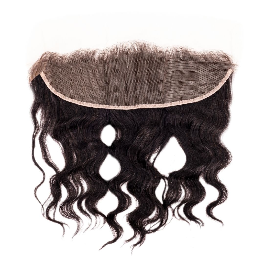 The Brazilian Loose Wave Frontal wig is displayed against a white background, featuring a light brown lace that blends seamlessly with skin tones. It creates a natural cascading effect, adding elegance to any look.
