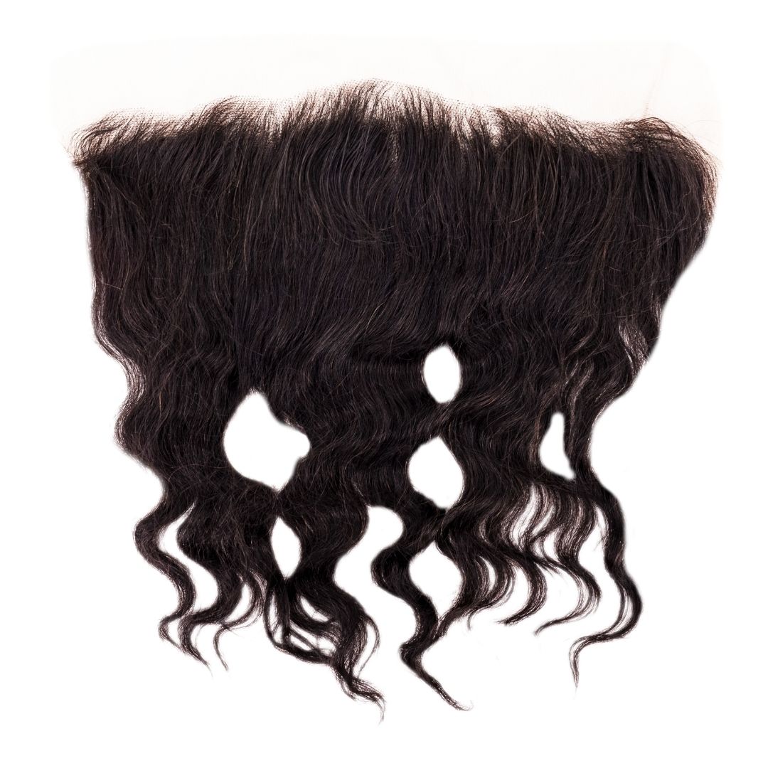 The Brazilian Loose Wave Frontal, made of virgin Brazilian human hair, is displayed against a white background with black wavy curls cascading down.