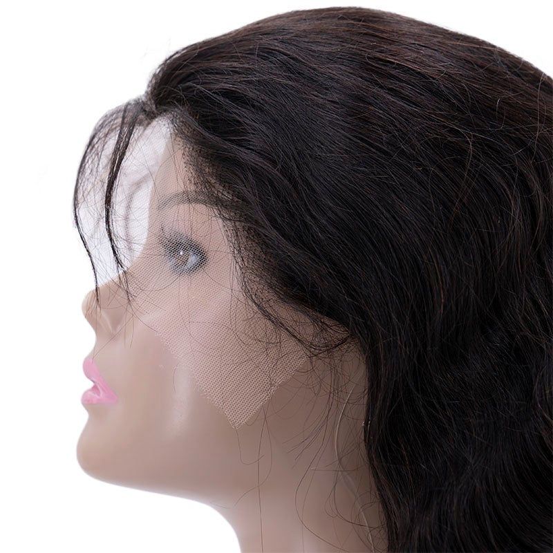 A side view of a mannequin head showcases long, dark brown wavy hair. The mannequin features light pink lips and is adorned with the HD Body Wave Lace Front Wig by hairdiamondz, perfectly highlighting the lace front detail near the hairline.