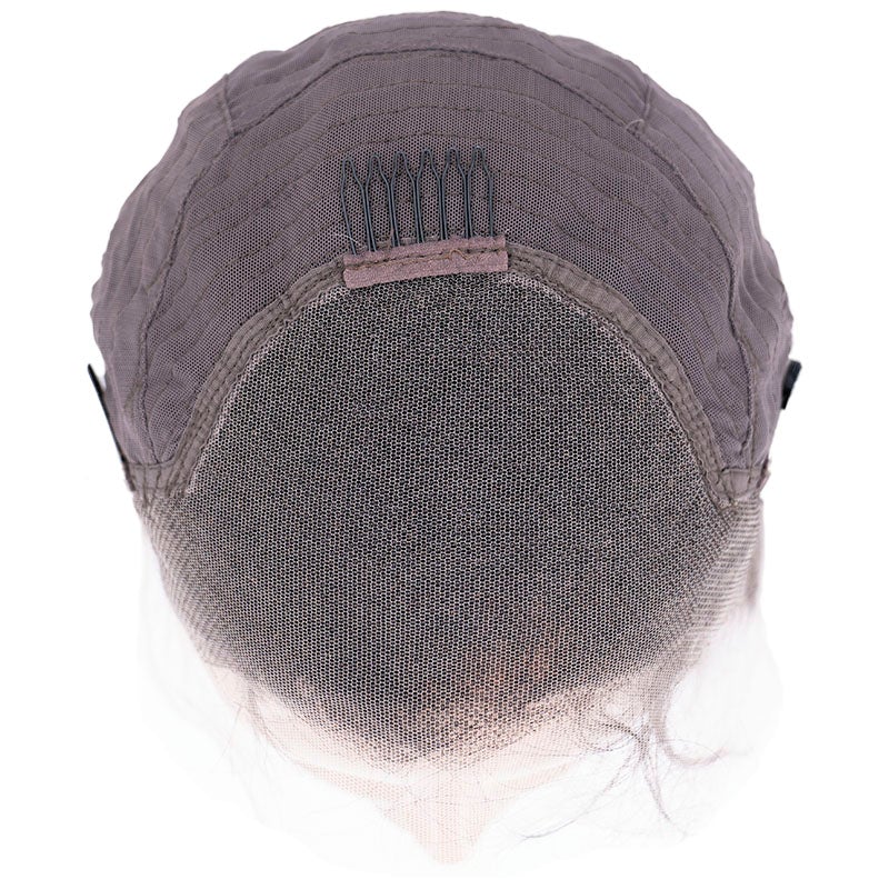 Top view of the HD Body Wave Lace Front Wig by hairdiamondz, crafted from 100% human hair and featuring a breathable mesh structure with internal combs for secure attachment. The wig is designed to closely mimic a natural hairline for realistic styling.