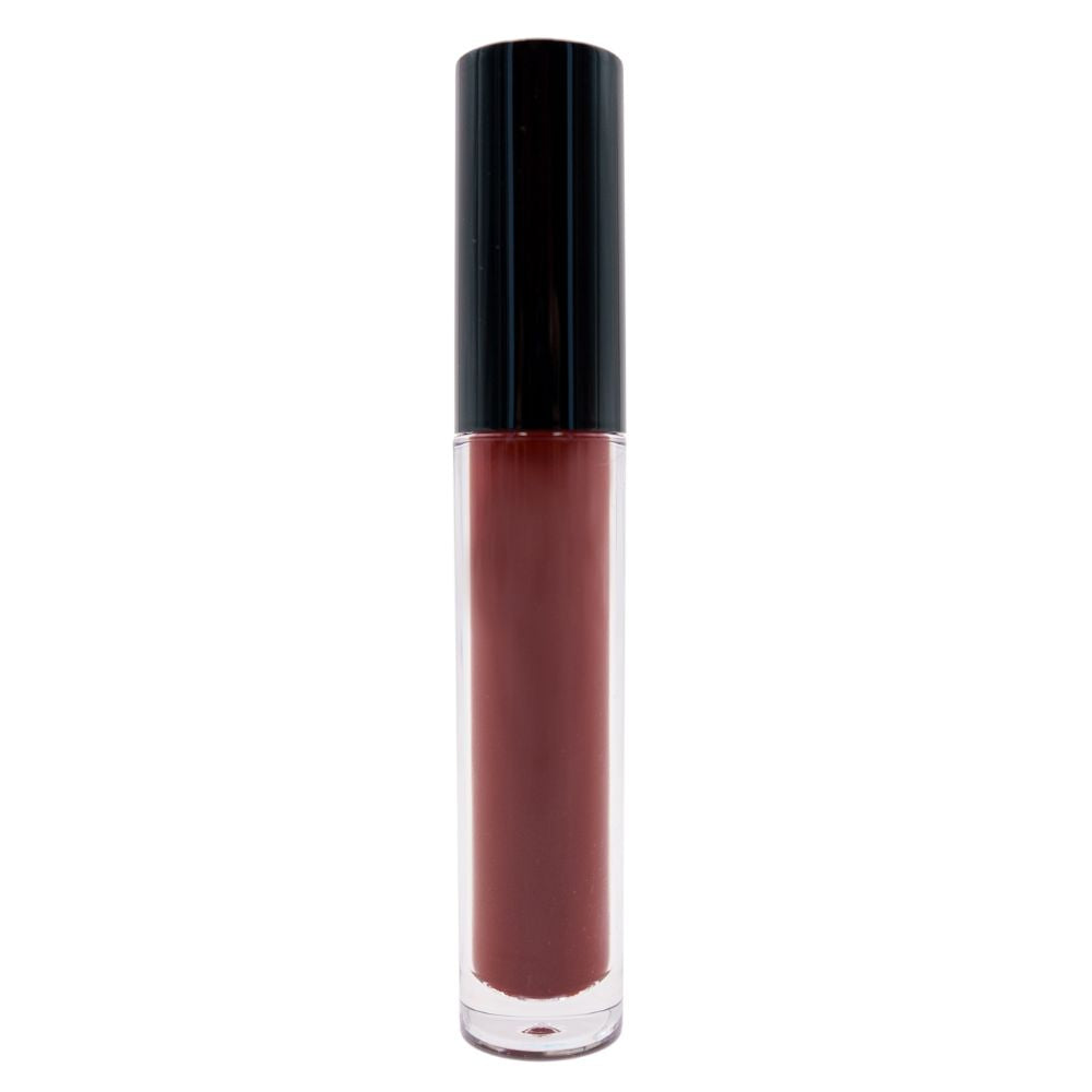 A cylindrical tube of Deep Scarlet Matte Lipstick featuring a black cap and rich brown shade nestled inside a transparent container, stands upright against a plain white background.