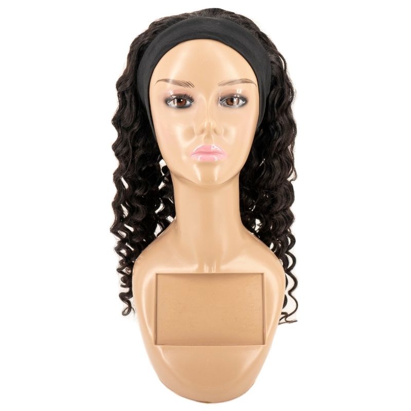 A mannequin head features the "Deep Wave Headband Wig" by hairdiamondz, showcasing long, dark, curly virgin hair and a black headband. The tan-colored mannequin is placed against a plain white background.