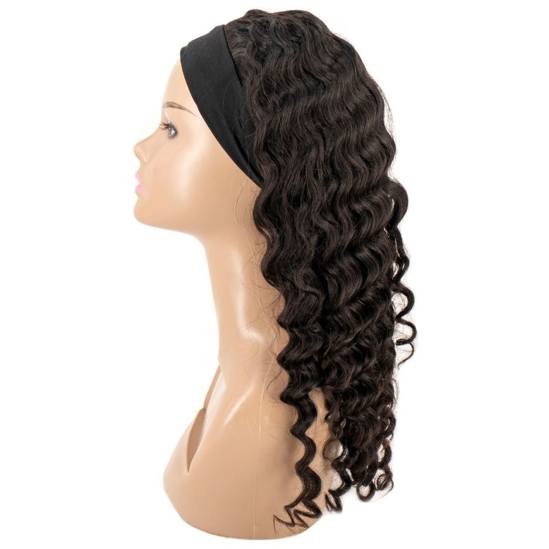 A hairdiamondz Deep Wave Headband Wig featuring luxurious, deep wave virgin hair is showcased on a mannequin head. The mannequin is positioned facing left against a white background.