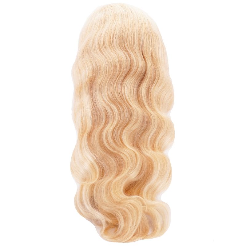 100% Human Hair Blond Body Wave Wig on a Mannequin Back Vew