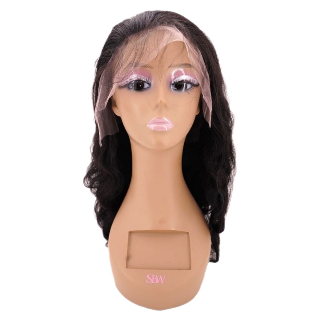 A mannequin head showcases a gorgeous **HD Body Wave Lace Front Wig** from hairdiamondz. The face is adorned with artistic makeup, including bold eyeshadow and glossy pink lips. This wig, made from 100% Virgin Human Hair, is presented against a simple white background.