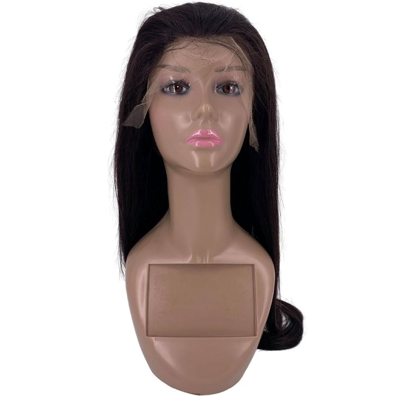 A mannequin head featuring the hairdiamondz HD Straight Lace Front Wig with long, flowing hair. The black lace front wig highlights vivid pink lips on the neutral face, set against a plain background.