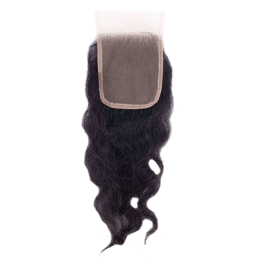 The Raw Indian Curly Closure made from 100% human hair, is displayed against a white background.