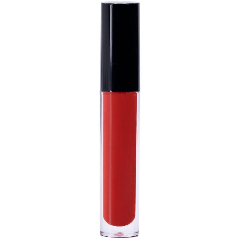 The Bold Red Lip Gloss, featuring a black cap, stands upright against a white background and boasts a non-sticky formula.