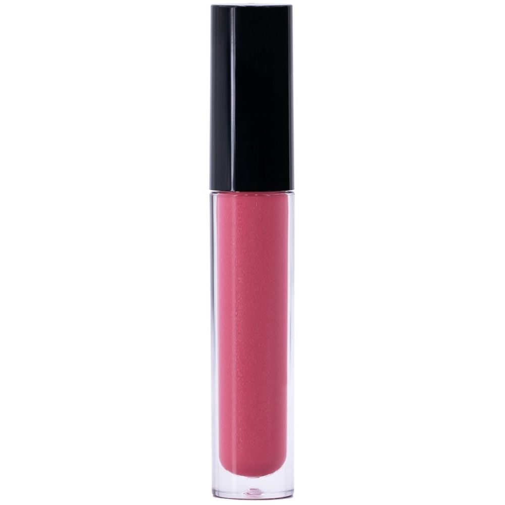 A tube of Violet Red Glitter Lip Gloss with a non-sticky formula and black cap is displayed upright against a plain white background, the sleek transparent container elegantly highlighting the shimmering pink gloss inside.