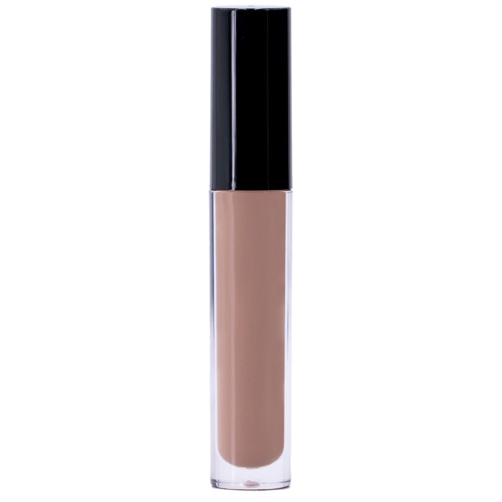 A cylindrical tube of Light Brown Lip Gloss with a transparent base, black cap, and non-sticky formula.
