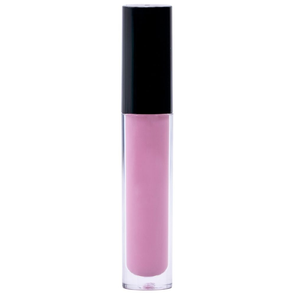A clear tube of Magenta Pink Lip Gloss by hairdiamondz, featuring a black cap, provides a moisturizing shine with a non-sticky formula, displayed against a white background.