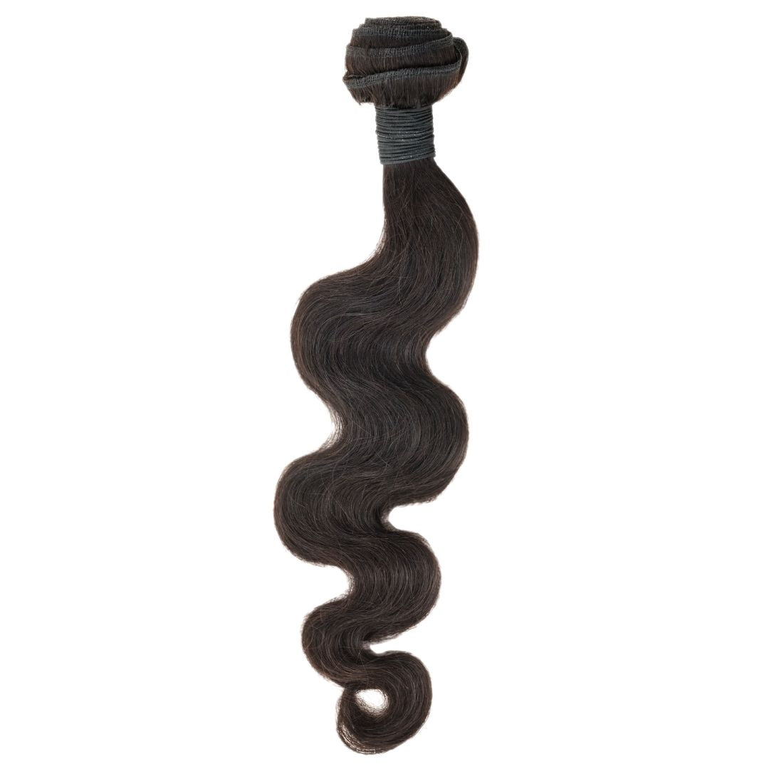 The hairdiamondz Malaysian Body Wave bundle, showcasing wavy, dark brown virgin natural human hair, is elegantly arranged in a spiral pattern against a plain white background.