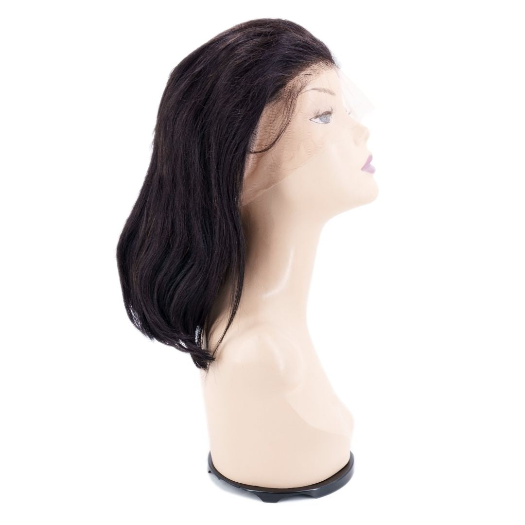 A side profile of a mannequin head featuring a Straight Bob Wig from hairdiamondz is shown. The mannequin sports dark brown virgin hair styled in a lace front wig, with the lace visible on the forehead. The background is plain white.