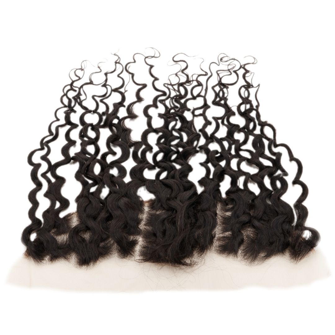 A set of deep wave, black hair extensions arranged side by side, these Spanish Wave Frontal Virgin Brazilian Human Hair extensions feature a tightly curled texture and are attached to a light lace frontal base for a natural scalp appearance.