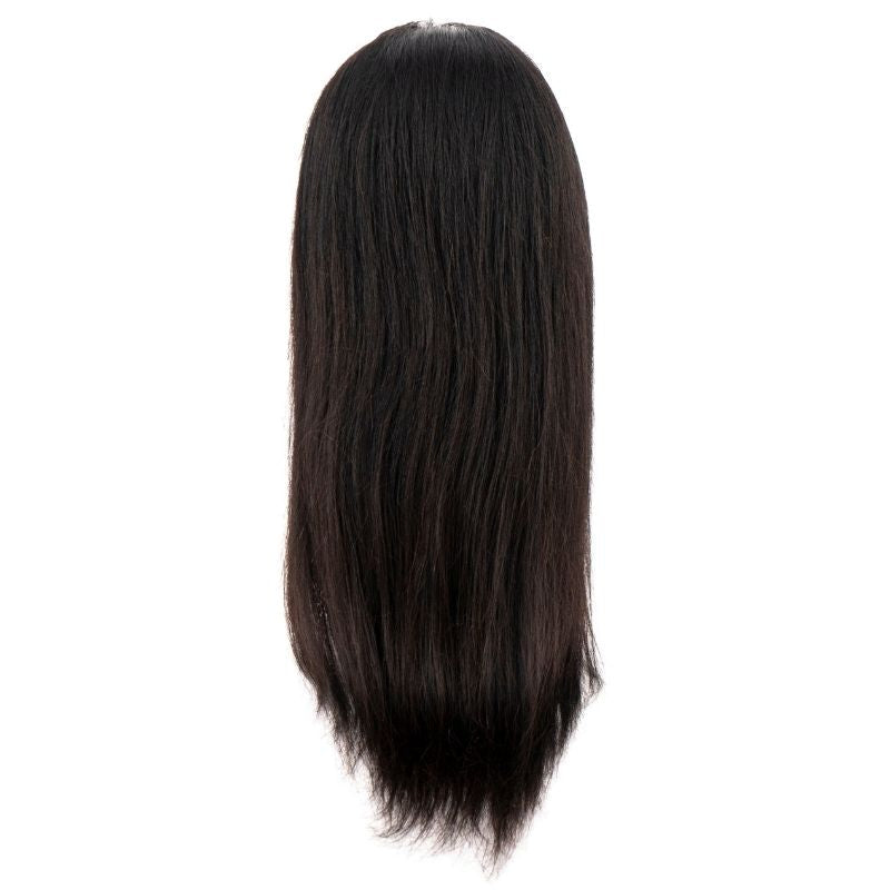 The Straight Headband Wig by hairdiamondz is displayed from the back, featuring long, smooth, and shiny dark brown virgin hair that extends below the shoulders. It is showcased against a plain white background.