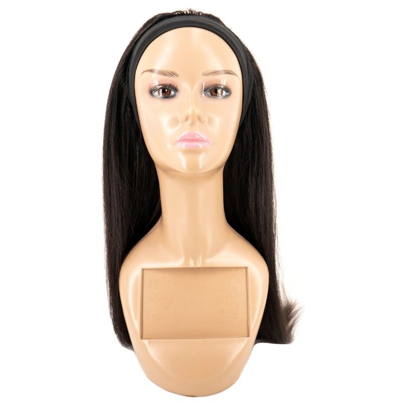 A Straight Headband Wig from hairdiamondz is elegantly displayed on a mannequin, featuring long, straight virgin hair complemented by a black headband. The mannequin's neutral expression and light skin tone are presented with poise on its visible base.