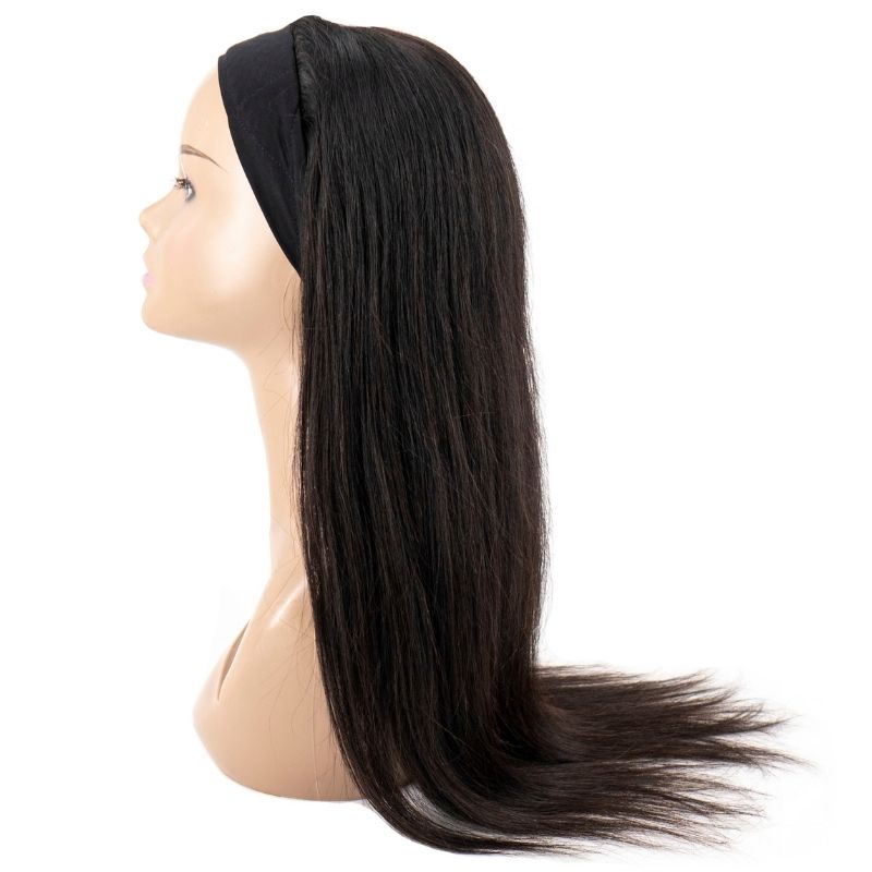 A side view of a mannequin head wearing the hairdiamondz Straight Headband Wig, featuring long, sleek virgin black hair.