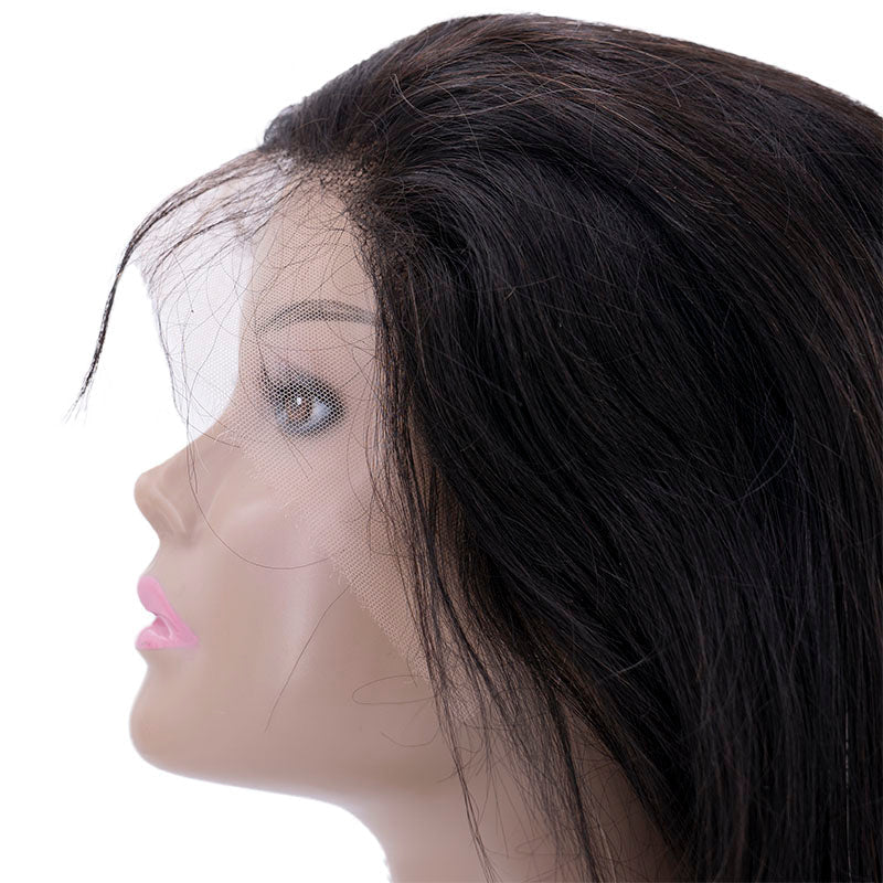 The side profile showcases a mannequin head wearing the HD Straight Lace Front Wig by hairdiamondz, featuring brown virgin hair. The detailed face displays visible makeup with pink lips, and the wig cap's netting subtly peeks along the hairline.