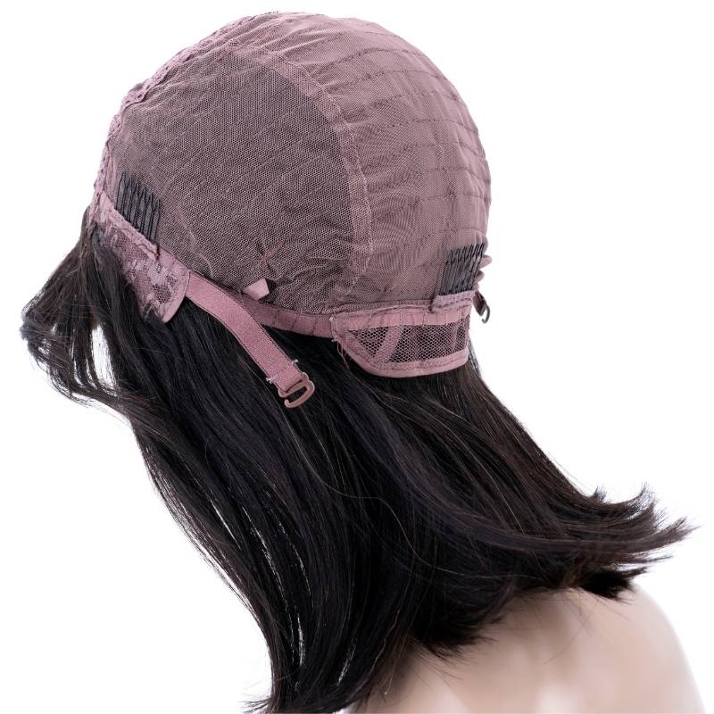 A mannequin displays the Short Bob Wig with Bangs by hairdiamondz, featuring a brown wig cap with adjustable straps and combs that reveal the mesh interior. Long, straight black 100% human hair extends from the cap, showcasing its structure and design.