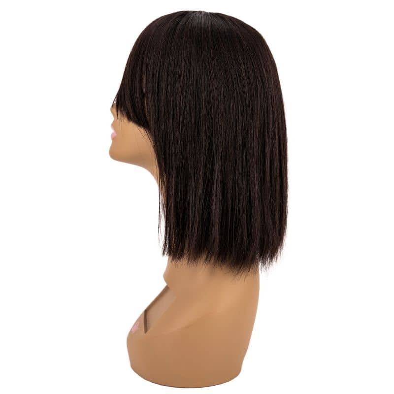 A mannequin head features the "Short Bob Wig with Bangs" by hairdiamondz, displaying a sleek, dark brown style made from 100% human virgin hair. The side profile against a white background accentuates the wig's shoulder-length sophistication.