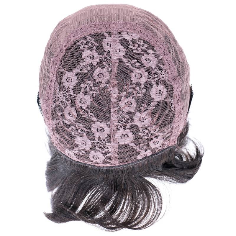 The image features the interior of the "Short Bob Wig with Bangs" by hairdiamondz, showcasing a pink lace cap adorned with a floral pattern. The lace covers the top, while silky dark virgin hair subtly emerges from beneath, suggesting the sophistication of this straight bang bob wig.
