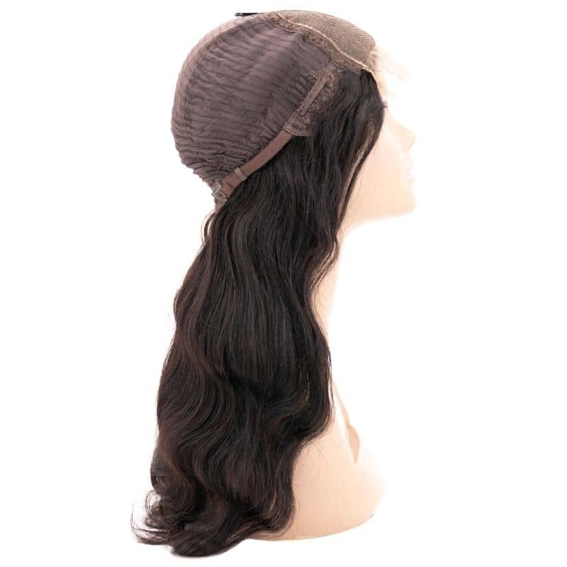 Side profile of a mannequin head adorned with Hairdiamondz's Body Wave Transparent Closure Wig, featuring long, wavy, dark brown 100% human hair with a lace front and mesh cap, elegantly styled to showcase its body wave design.