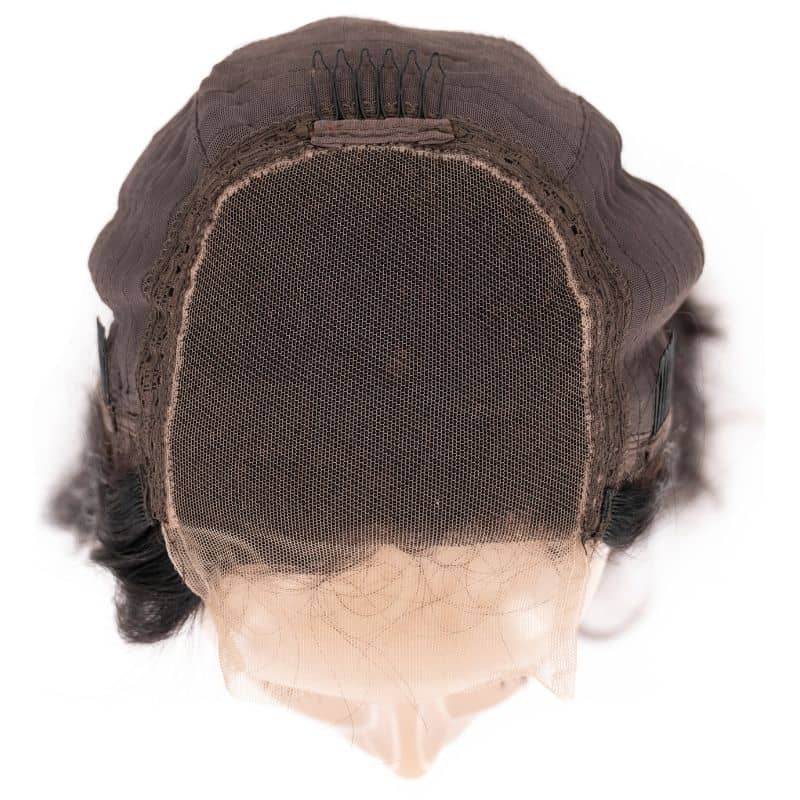 Close-up view of a brown wig cap featuring a lace front and internal combs, illustrating the secure design for attaching the hairdiamondz Body Wave Transparent Closure Wig to the head. The lace extends beyond the cap to naturally blend with the hairline, providing a seamless look with 100% human hair.