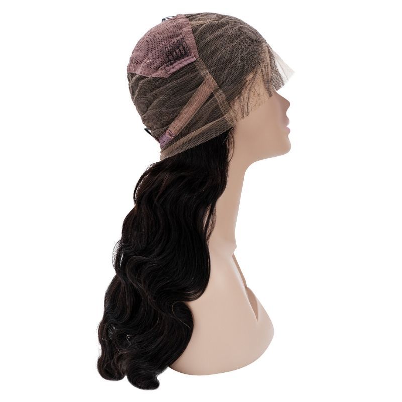 A hairdiamondz mannequin head showcases a captivating Virgin Body Wave Full Lace Wig in profile view, featuring long, wavy tresses made from virgin human hair. This dark brown wig flows gracefully past the shoulders, with the cap in a harmonious blend of rich brown and tan shades.