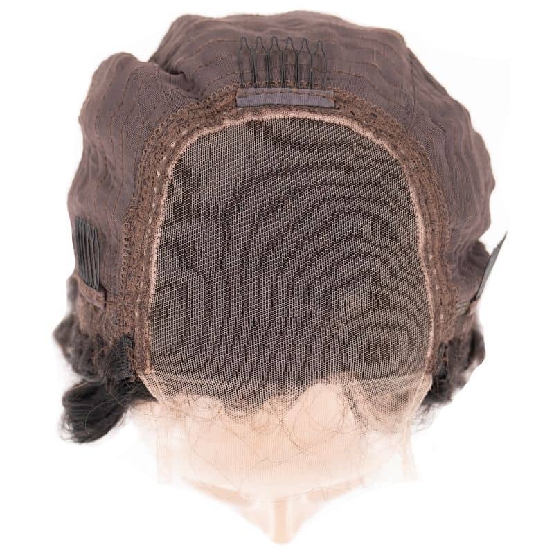 The inner view of the hairdiamondz Deep Wave Transparent Closure Wig features a transparent lace mesh at the front, comb attachments, and adjustable side straps. This cap is designed for excellent ventilation and a secure fit, providing virgin hair with a natural appearance.