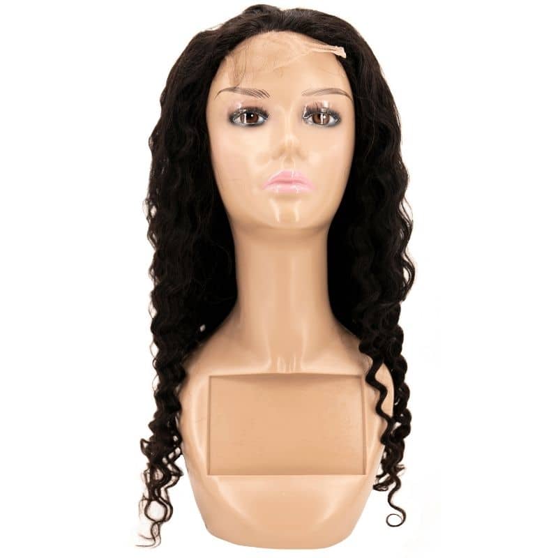 A skin-toned mannequin elegantly displays the Deep Wave Transparent Closure Wig by hairdiamondz, featuring long, dark curls that fall gracefully to the shoulders against a white backdrop.