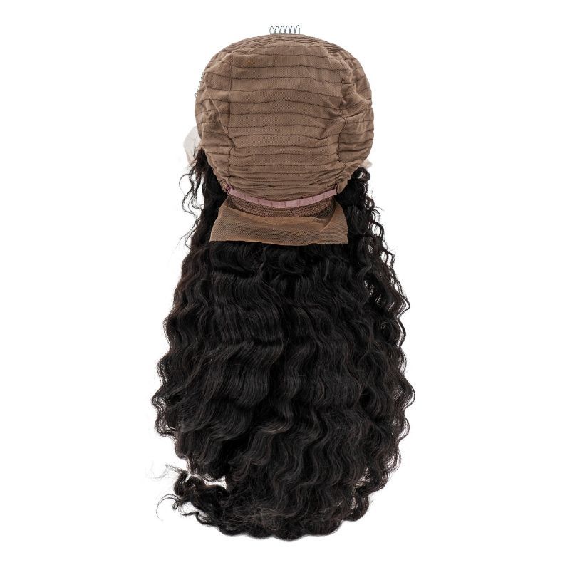 The Deep Wave Front Lace Wig from hairdiamondz features long, wavy black hair displayed on a mannequin head. The visible, textured virgin hair cap enhances its genuine allure.