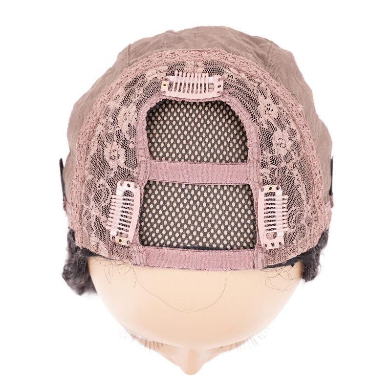 A look inside the Brazilian Deep Wave U-Part Wig by hairdiamondz reveals a cap made with a combination of lace and mesh materials. It includes several small clips designed to securely fasten the wig in place, while the net-like design ensures breathability.