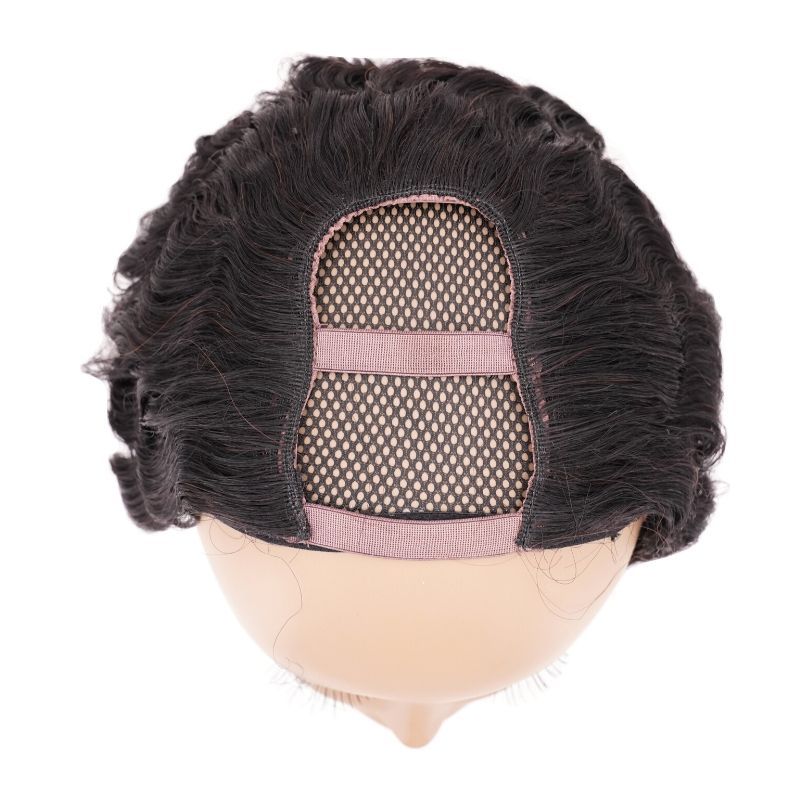 A detailed view of the underside of the hairdiamondz Brazilian Deep Wave U-Part Wig highlights the netted cap construction, featuring two horizontal elastic bands for adjustable fit. The wig's interior is engineered to ensure breathability and comfort.