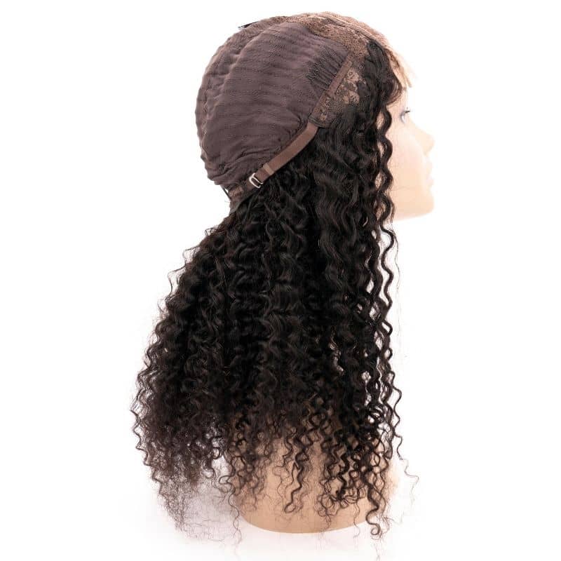 A mannequin head displays a beautiful curly, dark brown wig featuring a lace front and adjustable straps from hairdiamondz, viewed from the side. This Kinky Curly Transparent Closure Wig is crafted from 100% Human Hair and showcases voluminous, tight curls that cascade past the shoulders.