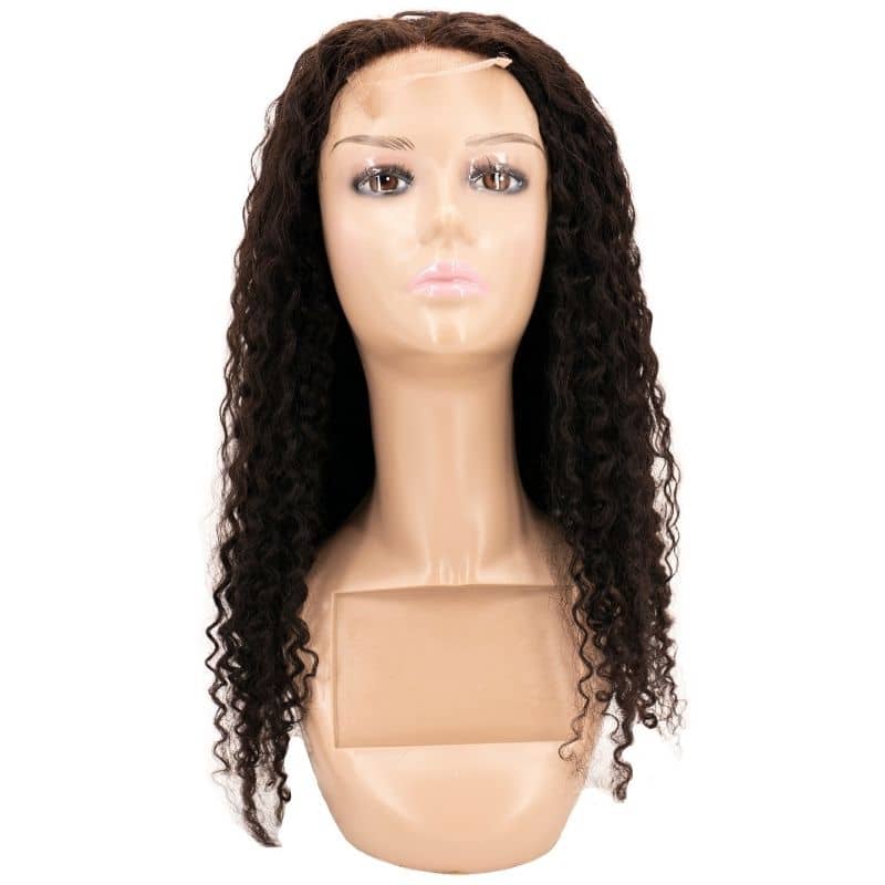 A mannequin head features the hairdiamondz Kinky Curly Transparent Closure Wig, crafted from 100% human hair with a lace front. The smooth, expressionless features of the mannequin contrast beautifully against a plain white background, accentuating the rich, dark brown virgin hair.