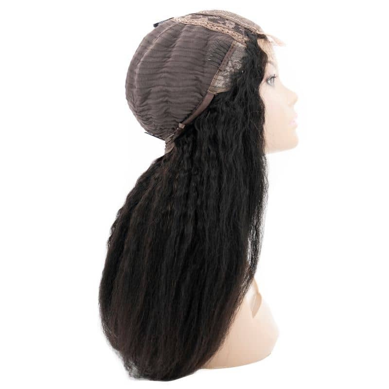 A side profile view of a mannequin head wearing the Kinky Straight Transparent Closure Wig by hairdiamondz. The long, wavy black virgin hair cascades down past the shoulders, showcasing its natural texture. The wig features a mesh cap with a transparent lace front and adjustable bands.