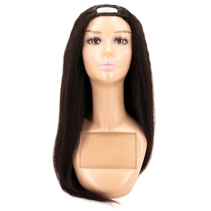 A mannequin head featuring the hairdiamondz Brazilian Kinky Straight U-Part Wig, showcasing a natural hairline and authentic virgin hair against a plain white background.
