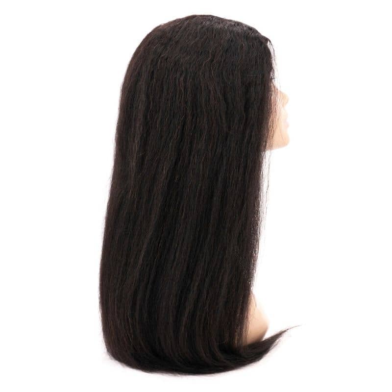 A mannequin head presents the hairdiamondz Brazilian Kinky Straight U-Part Wig, featuring long, straight dark brown Virgin Hair with a natural texture. Positioned in profile view against a plain white background, this sophisticated display emphasizes the wig's impeccable design.