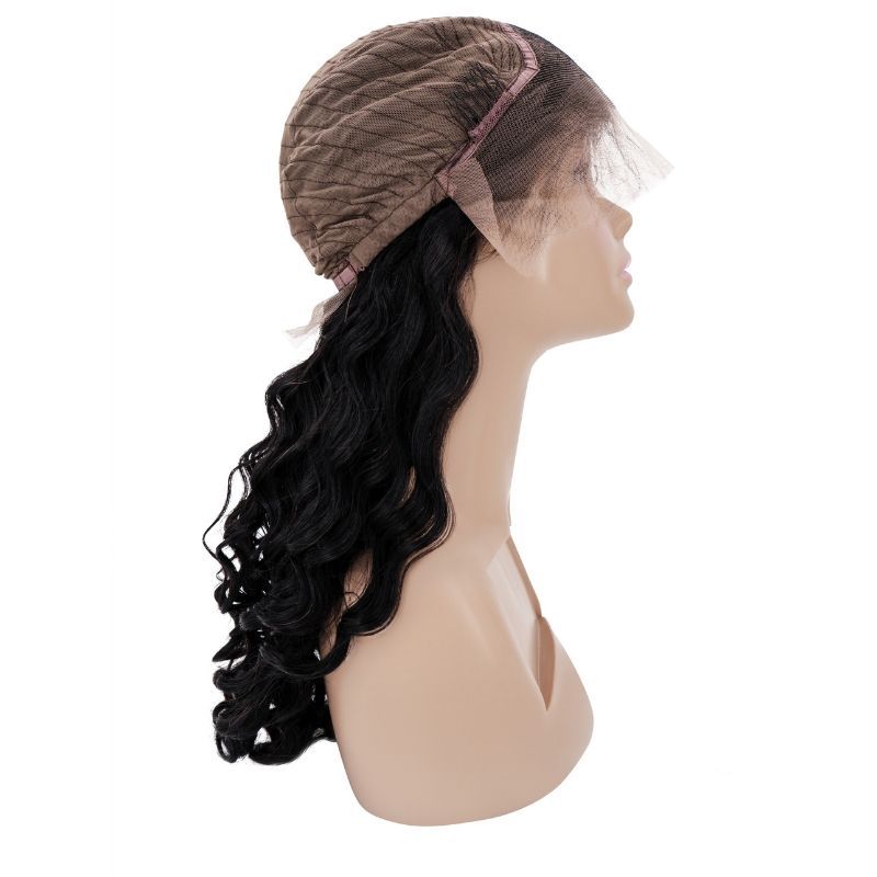A mannequin head showcases the Brazilian Loose Wave Front Lace Wig by hairdiamondz, which boasts luxurious long curls styled with Brazilian Loose Wave patterns. This human hair wig features black, wavy locks that cascade down the back and seamlessly blend virgin hair into a lace front and mesh cap, gracefully framing the face and forehead.