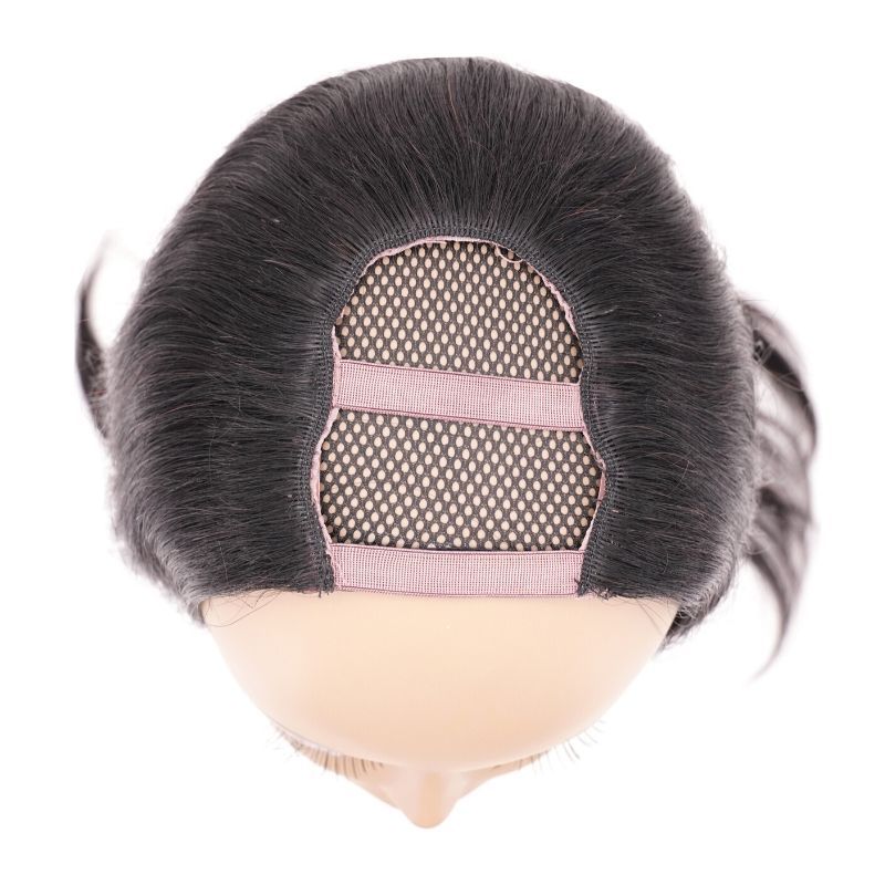 Aerial view of a mannequin head displaying the detailed construction of a hairdiamondz Brazilian Straight U-Part Wig. The wig cap incorporates a mesh and elastic band design, highlighting the meticulous attachment of virgin hair.