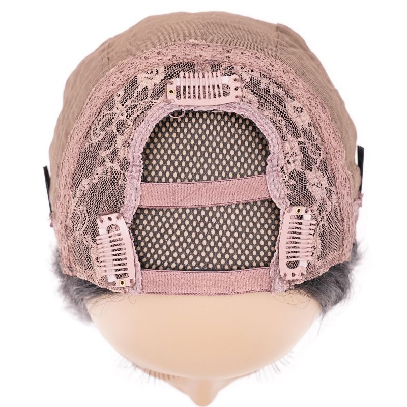 Close-up image of the inside of a wig cap. The hairdiamondz Brazilian Straight U-Part Wig showcases a mesh and lace design with several attached clips for securing. The lace is pink, while the silky straight fibers at the bottom of the image exhibit a grayish hue.