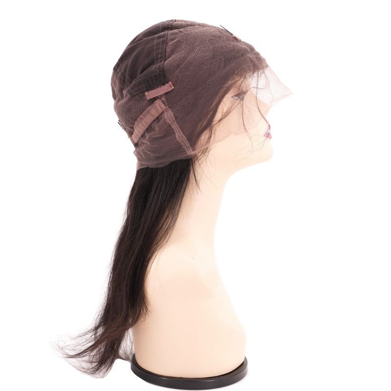 A mannequin head showcases the "Straight Full Lace Wig" by Hair Diamondz, featuring silky straight black hair crafted from virgin human hair. The translucent brown cap exposes straps and clips for a secure fit, elegantly positioned in profile against a white background to exemplify sophistication and craftsmanship.